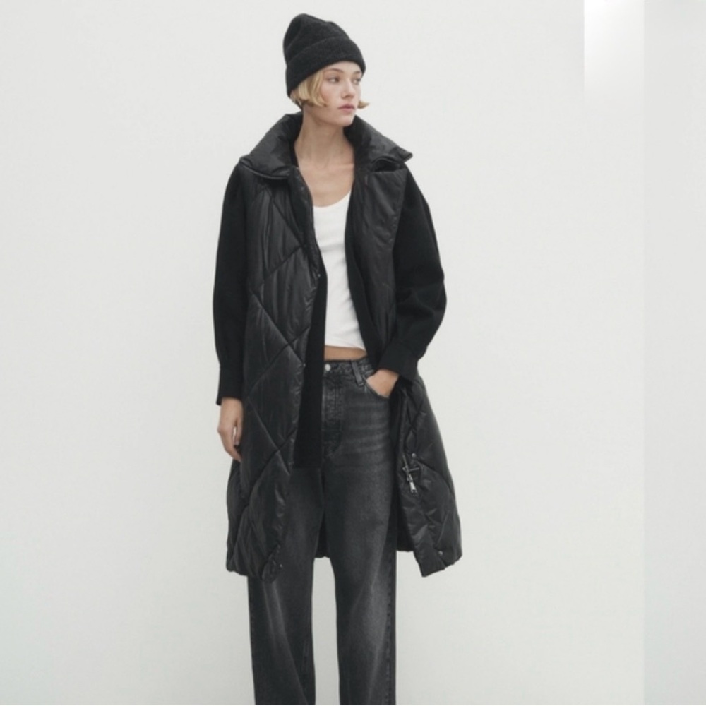 Massimo Dutti Black Quilted Long Puffer Vest XS oversized